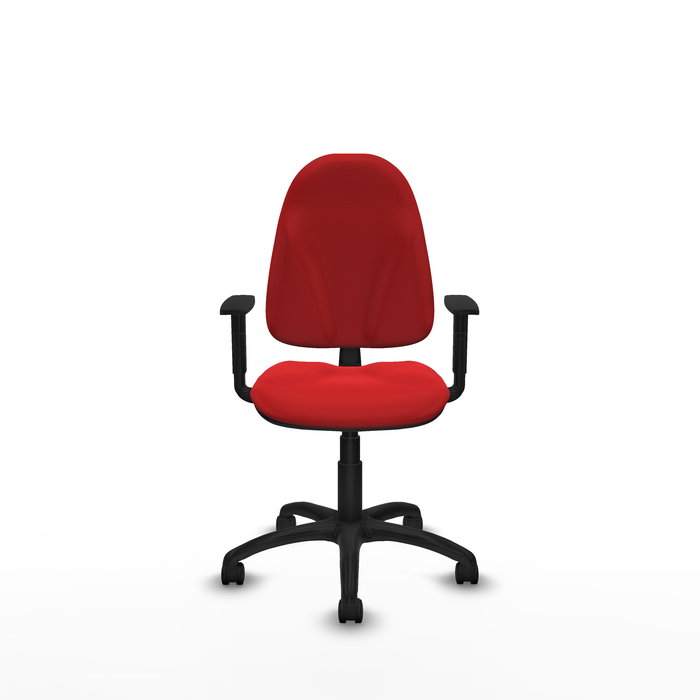 Silla de oficina Algarra con mecanismo Contacto permanente básico tapizada con Similpiel color Rojo. Equipada con Base poliamida negra, Brazos 1D y Ruedas de nailon 50 mm
