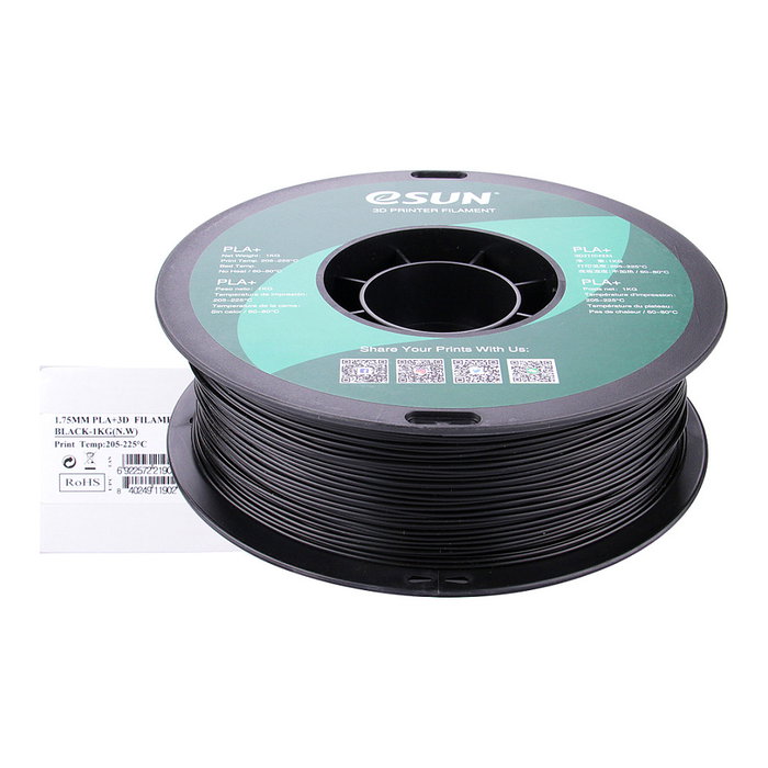 eSun PLA+ Filamento de Impresión 3D, Negro, 1.75mm, 1 kg, eSUN PLA+175B1, Alta Resistencia y Flexibilidad, Certificado FDA