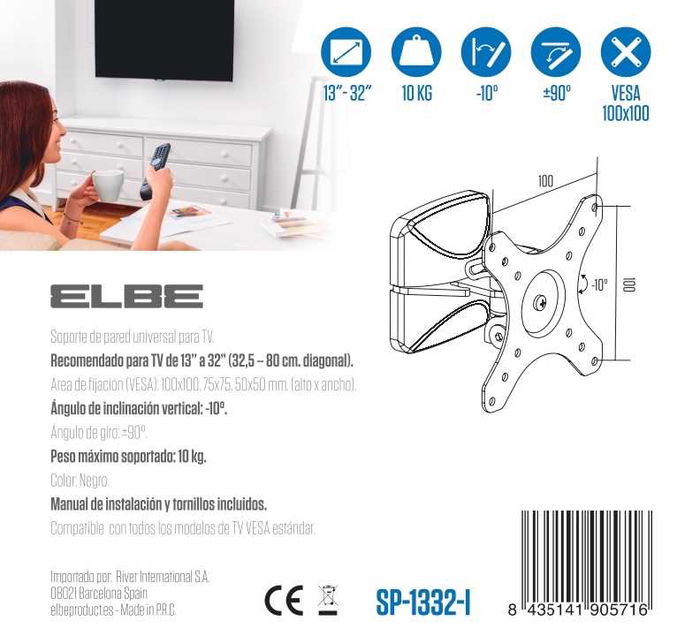Elbe SP-1332-I Soporte de Pared Inclinable para TV 13-32 Pulgadas, Soporta hasta 10kg, Inclinación 10º, Giro 90º Elbe SP-1332-I Soporte de Pared Inclinable para TV 13-32 Pulgadas, Soporta hasta 10kg, Inclinación 10º, Giro 90º