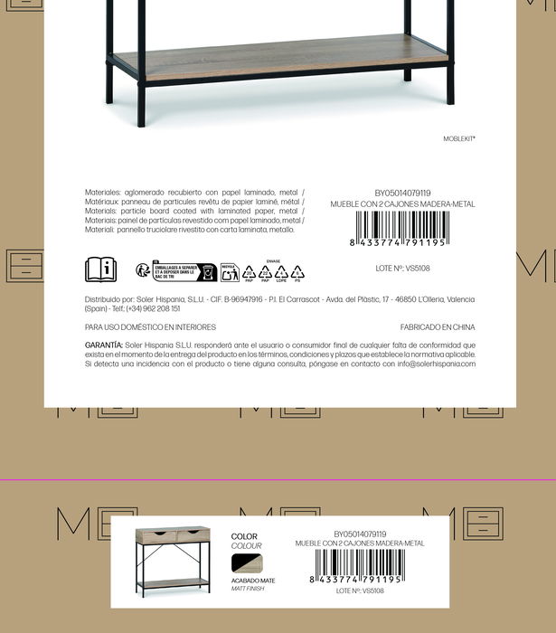 Inde Mueble con 2 Cajones de Madera y Metal 80x30x75 cm