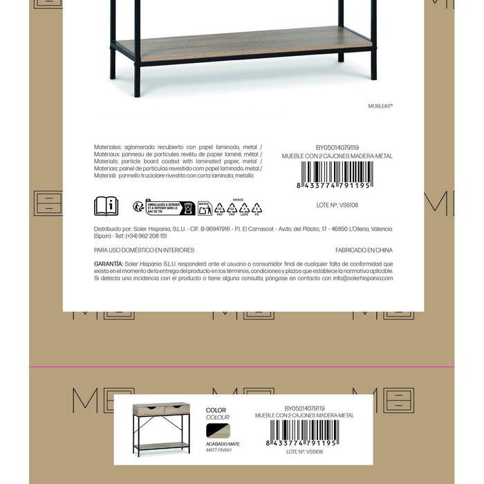 Moblekit Mueble con 2 cajones ARVID madera y metal Moblekit Mueble con 2 cajones ARVID madera y metal