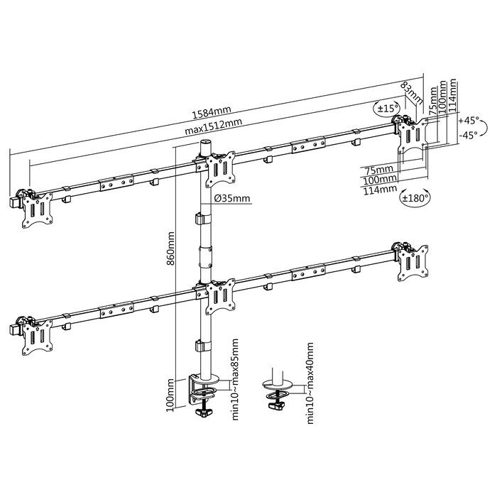 EQUIP Soporte Articulado de Sobremesa para 6 Monitores de 17-32 Pulgadas, 360 Grados, 7 kg por Pantalla, 42 kg Total, 100x100 mm, VESA 75x75 mm, Negro