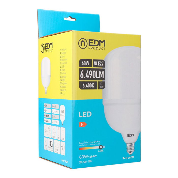 EDM Bombilla LED Industrial T160, E27, 60W, 6490 lm, 6400K Luz Fría, 360° Flujo, Clase F, 220-240V, ø160x264 mm EDM Bombilla LED Industrial T160, E27, 60W, 6490 lm, 6400K Luz Fría, 360° Flujo, Clase F, 220-240V, ø160x264 mm