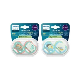 Avent Philips SCF087/27 Pack de 4 Chupetes Ultra Air Día y Noche, Sin BPA, para 6-18 meses, Verde y Naranja