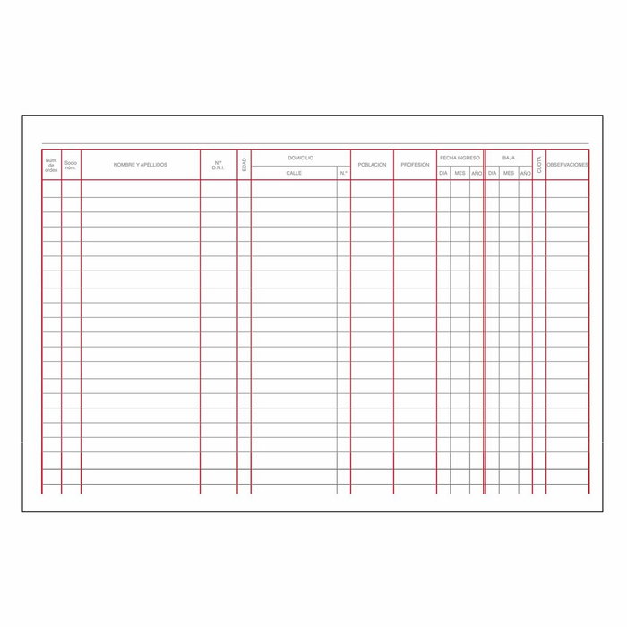 Dohe Libro de Registro de Socios 100 Hojas Numeradas Folio Apaisado Burdeos