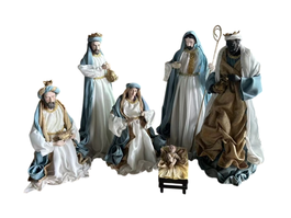 DKD Home Decor Nacimiento Navidad Moderna Azul Blanco Poliester Set 9 Piezas 15 x 30 x 20 cm