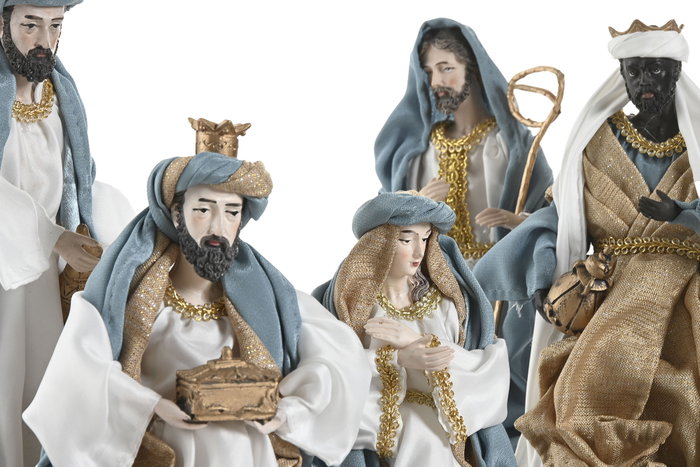 DKD Home Decor Nacimiento Navidad Moderna Azul Blanco Poliester Set 9 Piezas 15 x 30 x 20 cm