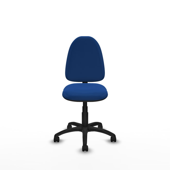 Silla de oficina Aýna con mecanismo Contacto permanente básico tapizada con Similpiel color Azul. Equipada con Base poliamida negra, Sin brazos y Ruedas de nailon 50 mm