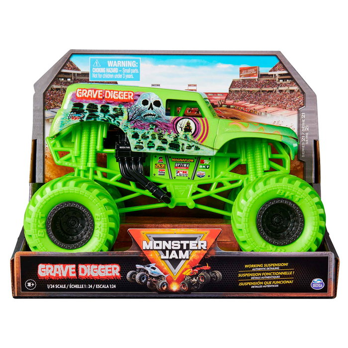 Spin Master 6069137 Monster Jam Grave Digger Camión Monstruo Die Cast Escala 1:24 Réplica Auténtica con Suspensión