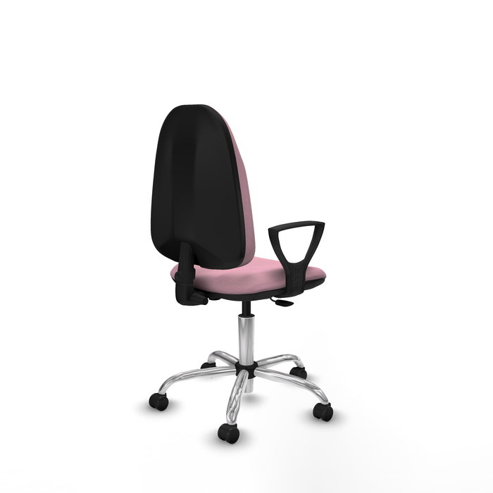 Silla de oficina Algarra con mecanismo Contacto permanente básico tapizada con Tela color Rosa. Equipada con Base cromada, Brazos fijos y Ruedas autofrenantes