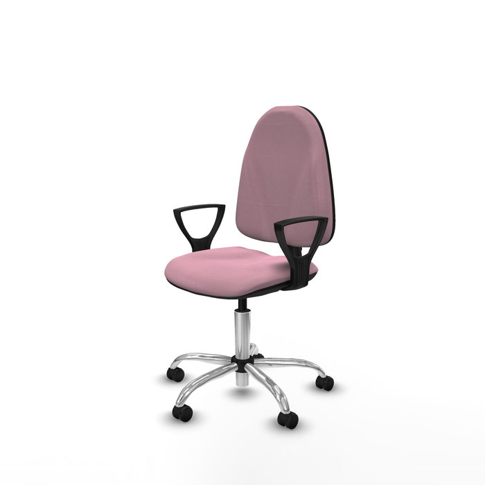 Silla de oficina Algarra con mecanismo Contacto permanente básico tapizada con Tela color Rosa. Equipada con Base cromada, Brazos fijos y Ruedas autofrenantes