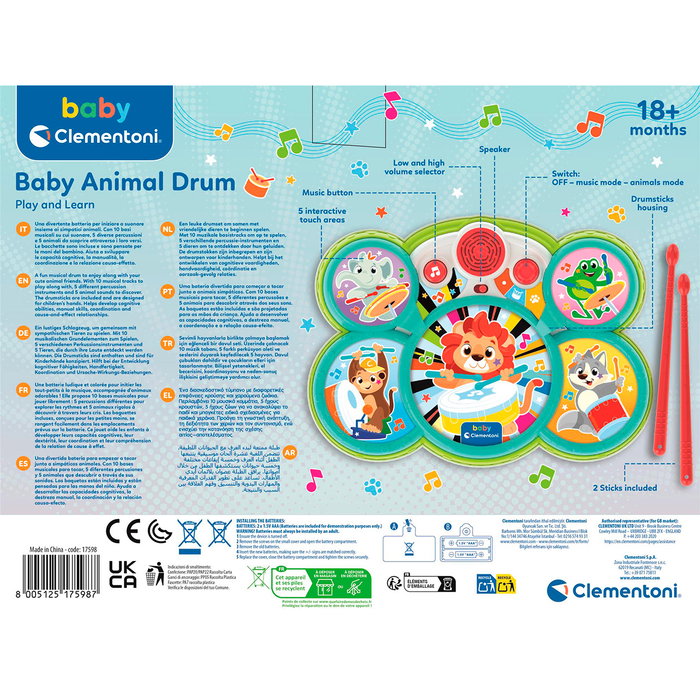 Clementoni Batería de los Animales 17598, Juguete Musical Bebé con 4 Áreas y 3 Modos de Juego, Sonidos Realistas, +9 Meses