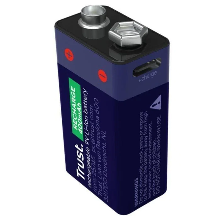 Trust Pila Recargable 9V USB-C LR61 6F22/6LR61 - Batería para Detectores de Humo, Juguetes, Radios - 25745