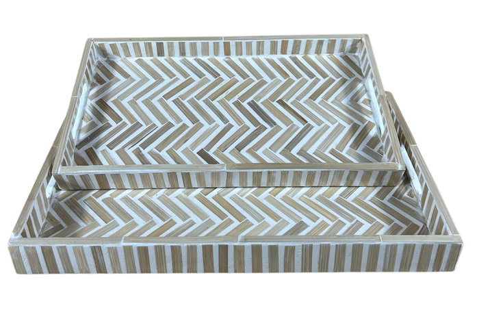 DKD Home Decor Bandeja Decoración Tropical Marrón Blanco Bambú Resina Set 2 Piezas 46 x 27 x 4.5 cm