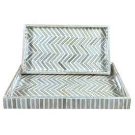 DKD Home Decor Set de 2 Bandejas de Decoración de Bambú Mosaico Raviet Marrón y Blanco