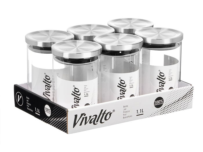 Vivalto Tarro Redondo Borosilicato 1.1L Tapa Acero Transparente/Plata 10.2 x 16.2 x 10.2 cm (Set de 12)