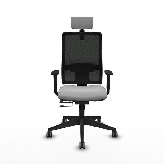 Silla de oficina Horna con mecanismo Sincro/Traslack tapizada con Tela color Gris claro y malla color Negro. Equipada con lumbar 1D, Brazos 1D, Cabecero 2D y Ruedas 65 mm parqué Silla de oficina Horna con mecanismo Sincro/Traslack tapizada con Tela color Gris claro y malla color Negro. Equipada con lumbar 1D, Brazos 1D, Cabecero 2D y Ruedas 65 mm parqué