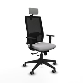 Silla de oficina Horna con mecanismo Sincro/Traslack tapizada con Tela color Gris claro y malla color Negro. Equipada con lumbar 1D, Brazos 1D, Cabecero 2D y Ruedas 65 mm parqué