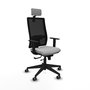 Silla de oficina Horna con mecanismo Sincro/Traslack tapizada con Tela color Gris claro y malla color Negro. Equipada con lumbar 1D, Brazos 1D, Cabecero 2D y Ruedas 65 mm parqué