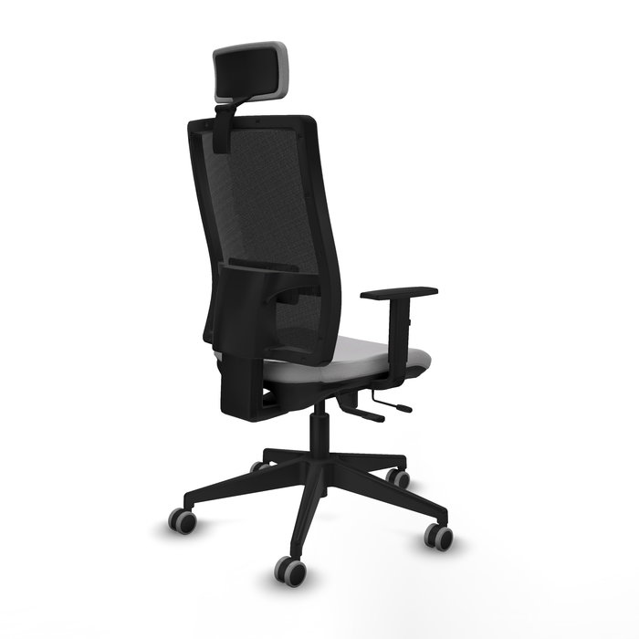 Silla de oficina Horna con mecanismo Sincro/Traslack tapizada con Tela color Gris claro y malla color Negro. Equipada con lumbar 1D, Brazos 1D, Cabecero 2D y Ruedas 65 mm parqué Silla de oficina Horna con mecanismo Sincro/Traslack tapizada con Tela color Gris claro y malla color Negro. Equipada con lumbar 1D, Brazos 1D, Cabecero 2D y Ruedas 65 mm parqué