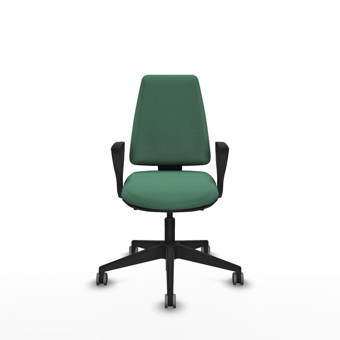 Silla de oficina Elche con mecanismo Asincro tapizada con Tela color Verde esmeralda. Equipada con Base piramidal negra, Brazos fijos y Ruedas 65 mm parqué Silla de oficina Elche con mecanismo Asincro tapizada con Tela color Verde esmeralda. Equipada con Base piramidal negra, Brazos fijos y Ruedas 65 mm parqué