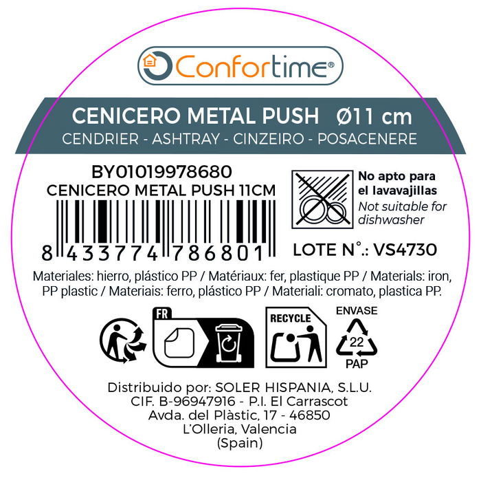 Confortime Cenicero Acero Push 11 cm (24 Unidades) Confortime Cenicero Acero Push 11 cm (24 Unidades)