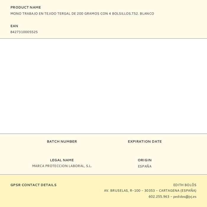 Marca Mono de Trabajo Talla 52 Blanco Tejido Tergal 200 gr/m2 4 Bolsillos Ajuste Elástico