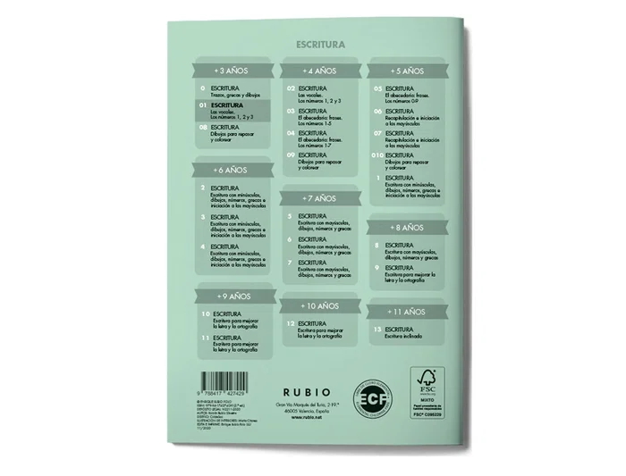 Rubio Cuaderno Caligrafia Nº 01 - Desarrollo de destrezas motrices para lenguaje escrito, 18x210x155 mm