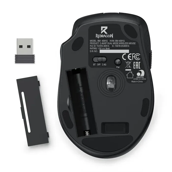 Redragon BM-4091 Ratón Ergonómico Inalámbrico Bluetooth y 2.4 GHz, 6 Botones, Negro, Oficina