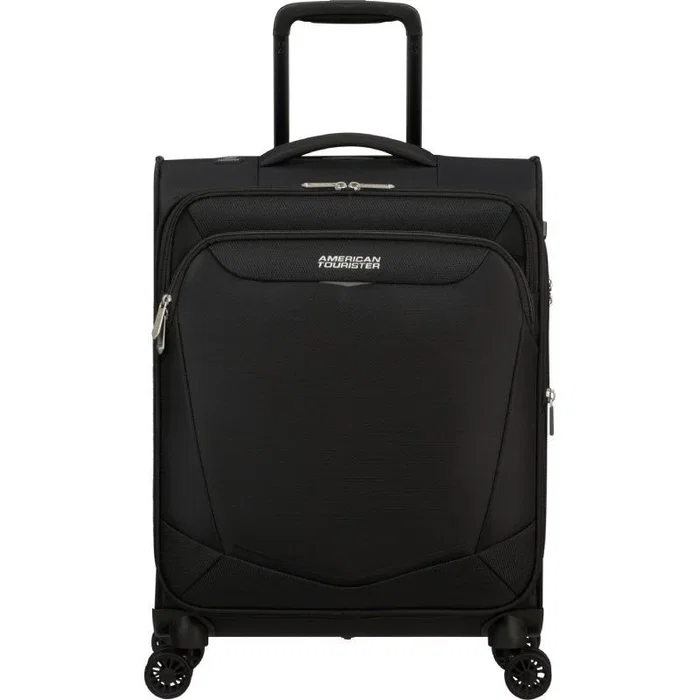American Tourister Summerride Spinner - Maleta de Cabina Expandible 55x40x23/25cm con 4 Ruedas, Cerradura TSA y Tejido Reciclado, Negro