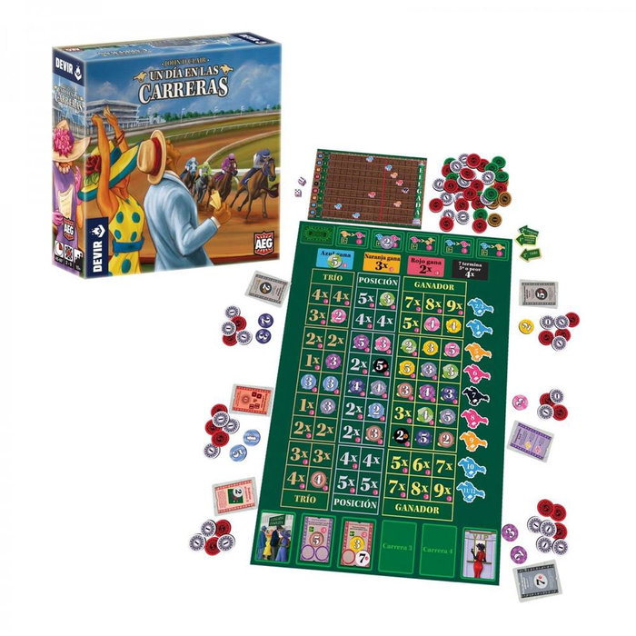 Devir Un Día en las Carreras - Juego de mesa de apuestas en tiempo real para 2-9 jugadores, 50 min, a partir de 10 años, idioma castellano