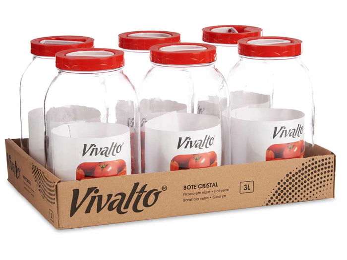 Vivalto Bote de Cristal de 3L con Tapa Roja y Asa, Transparente/Rojo, 13 x 24.3 x 13 cm (Set de 6)