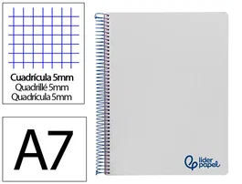 Liderpapel Cuaderno espiral A7 Micro Wonder, Tapa plástico, 100 hojas, 90gr, Cuadro 5mm, 4 bandas, Color gris