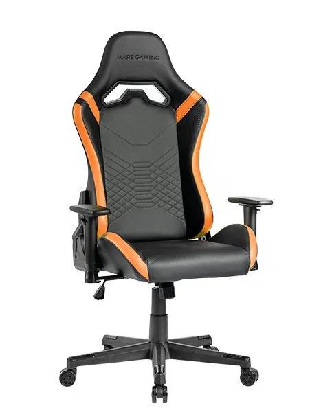 Mars Gaming MGC-PRO Silla Gaming Ergonómica Profesional, Reclinable 135°, Cojines Lumbar y Cervical, Reposabrazos 2D Ajustables, Base Acero, Ruedas XL, Negro con Naranja