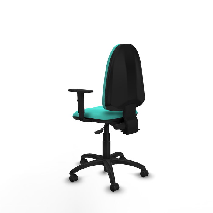 Silla de oficina Aýna con mecanismo Asincro tapizada con Similpiel color Turquesa. Equipada con Base poliamida negra, Brazos 1D y Ruedas de parqué