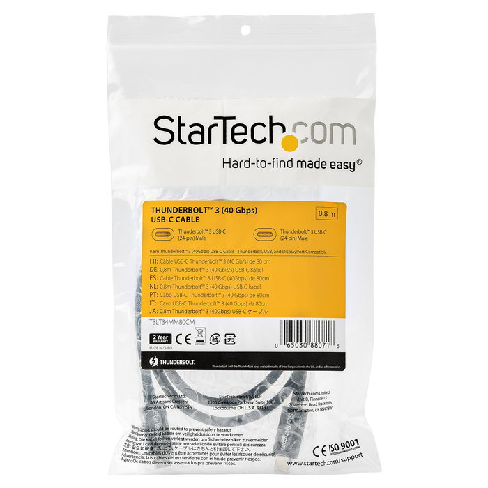 Startech 0,8m Thunderbolt 3 USB-C Cable 40Gbps - Compatible Thunderbolt y USB Tipo C M/M Negro