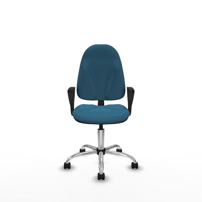 Silla de oficina Algarra con mecanismo Contacto permanente básico tapizada con Tela color Verde petróleo. Equipada con Base cromada, Brazos fijos y Ruedas de nailon 50 mm