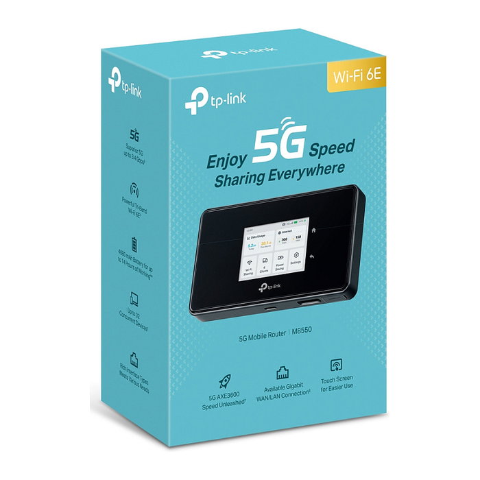 TP-Link M8550 5G WiFi 6E Router Portátil, Velocidad 5G hasta 3.4 Gbit/s y WLAN AX hasta 3.6 Gbit/s, con Puerto USB, Batería 4680 mAh, Negro