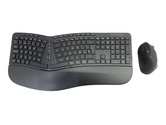 Conceptronic ORAZIO02ES Teclado y Mouse Inalámbrico Ergonómico Oficina RF QWERTY Español Negro - Combo Completo (125 teclas, 1600 DPI)