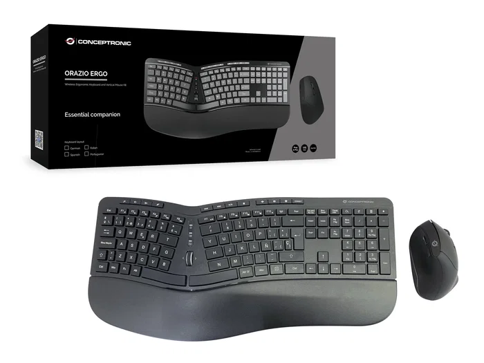 Conceptronic ORAZIO02ES Teclado y Mouse Inalámbrico Ergonómico Oficina RF QWERTY Español Negro - Combo Completo (125 teclas, 1600 DPI)