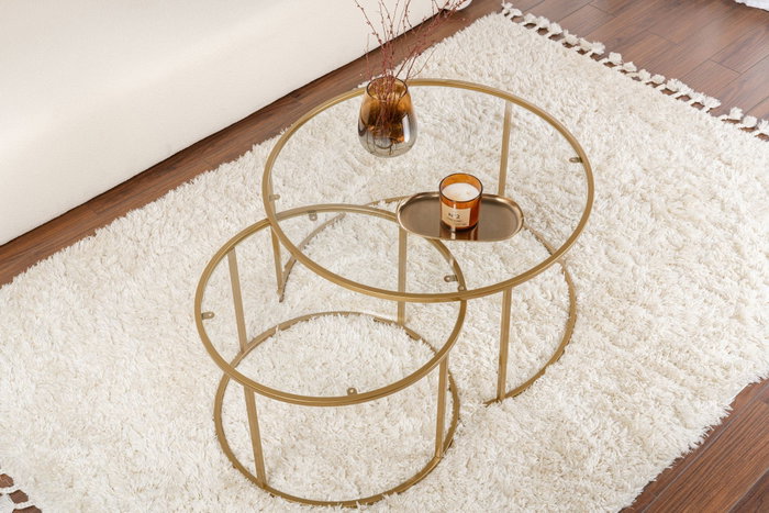 Nordure Juego Mesas de Café 80, 60 Gold, Transparent Vidrio Templado y Metal
