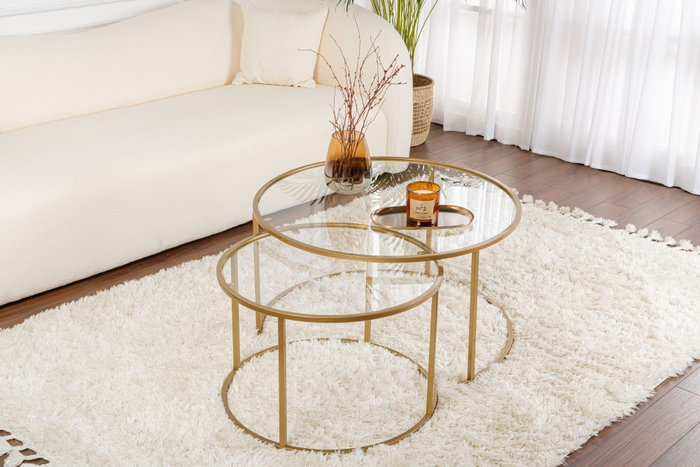 Nordure Juego Mesas de Café 80, 60 Gold, Transparent Vidrio Templado y Metal