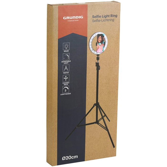 Grundig Anillo de Luz con Trípode Ø20cm, Extensible hasta 210cm, 80 Leds, 3 Tonalidades, Soporte Giratorio, Conexión USB-A Grundig Anillo de Luz con Trípode Ø20cm, Extensible hasta 210cm, 80 Leds, 3 Tonalidades, Soporte Giratorio, Conexión USB-A