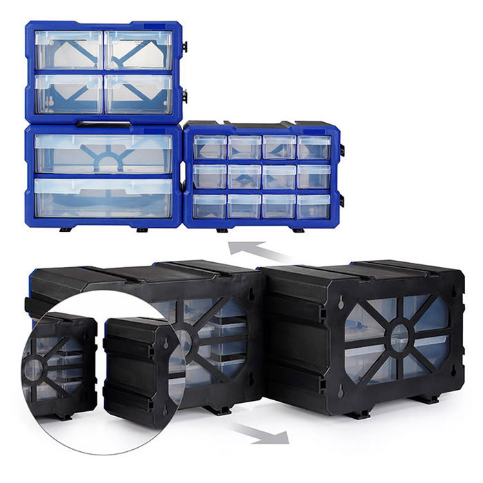 Workpro Organizador de 12 Cajones Apilable, Cajones de Polipropileno Transparente, 295 x 195 x 160 mm, Estructura Entrelazada, Negro y Azul