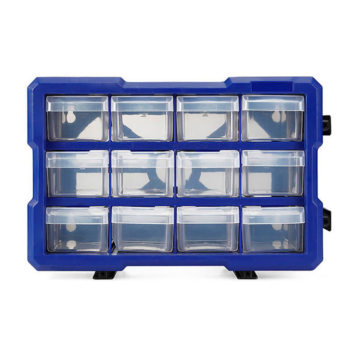 Workpro Organizador de 12 Cajones Apilable, Cajones de Polipropileno Transparente, 295 x 195 x 160 mm, Estructura Entrelazada, Negro y Azul
