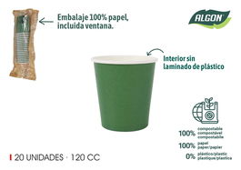 Algon Set 20 Vasos Cartón Verde Pino 120 cc (24 Unidades)