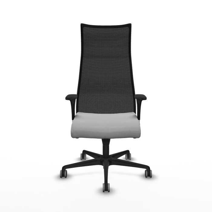 Sillón Albacete con mecanismo Sincro tapizada con Tela color Gris claro y malla color Negro. Equipado con Base nailon negra, Brazos 1D y Ruedas 65 mm parqué