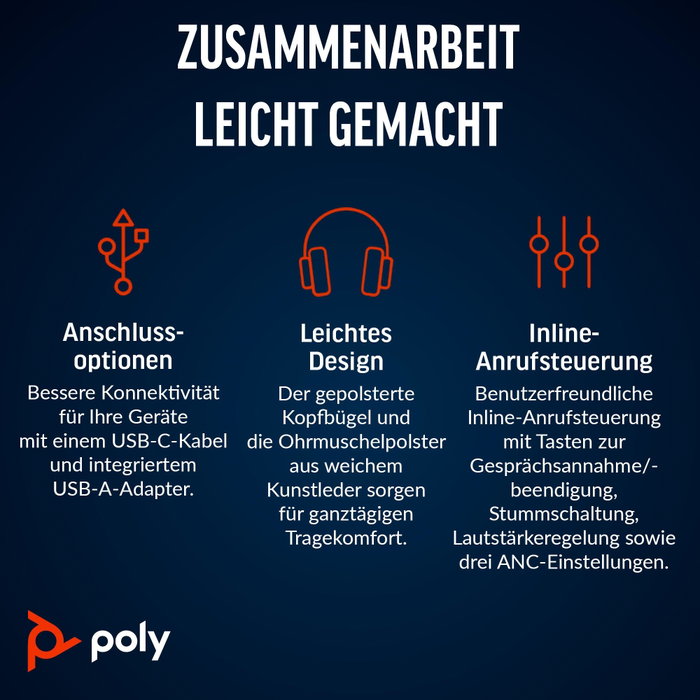 Poly Blackwire 8225 Auriculares Estéreo USB-C con Certificación Microsoft Teams y Adaptador USB-C/A, Negro