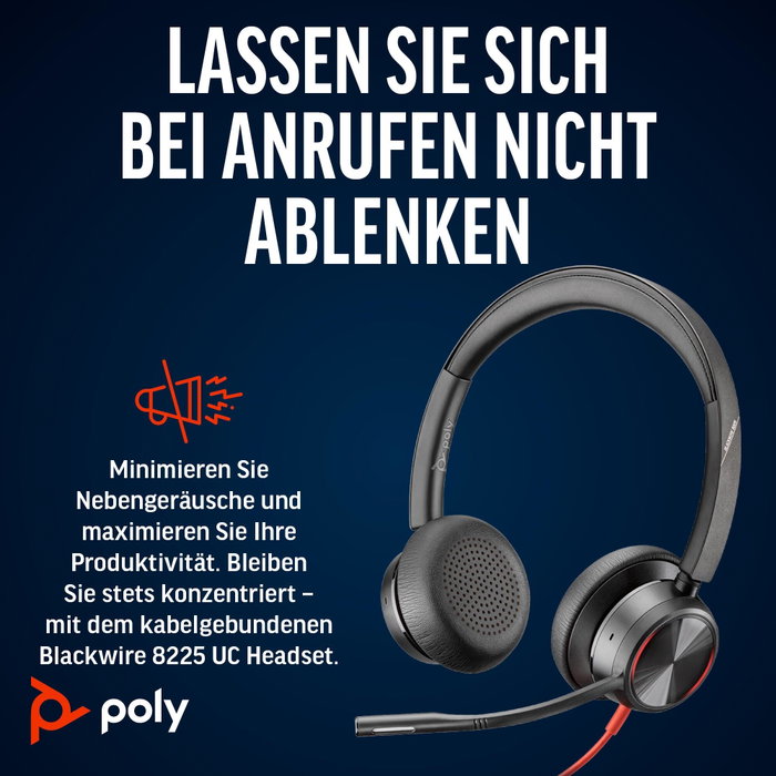 Poly Blackwire 8225 Auriculares Estéreo USB-C con Certificación Microsoft Teams y Adaptador USB-C/A, Negro