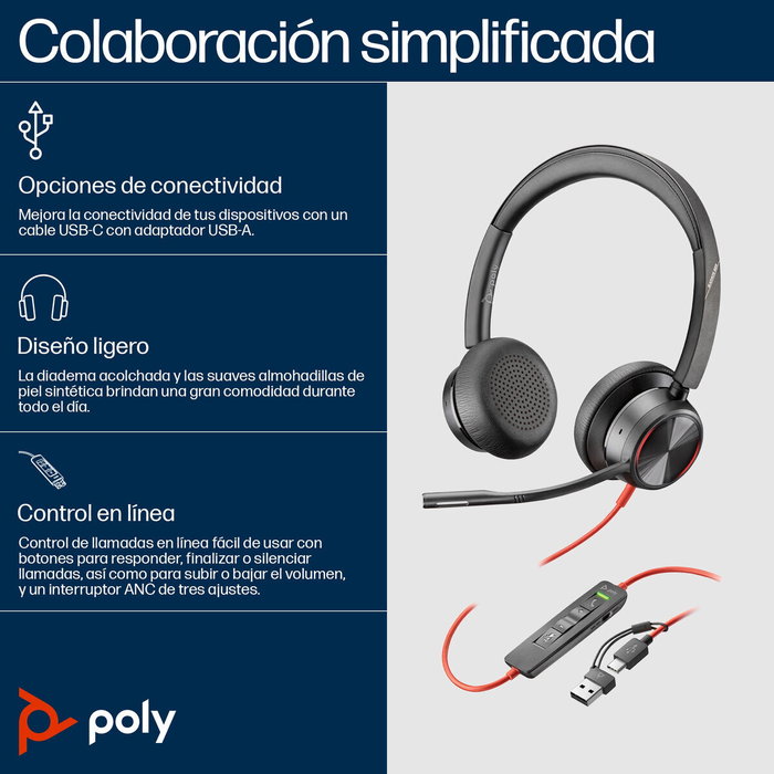 Poly Blackwire 8225 Auriculares estéreo USB-C con certificación Microsoft Teams y adaptador USB-C/A, Negro